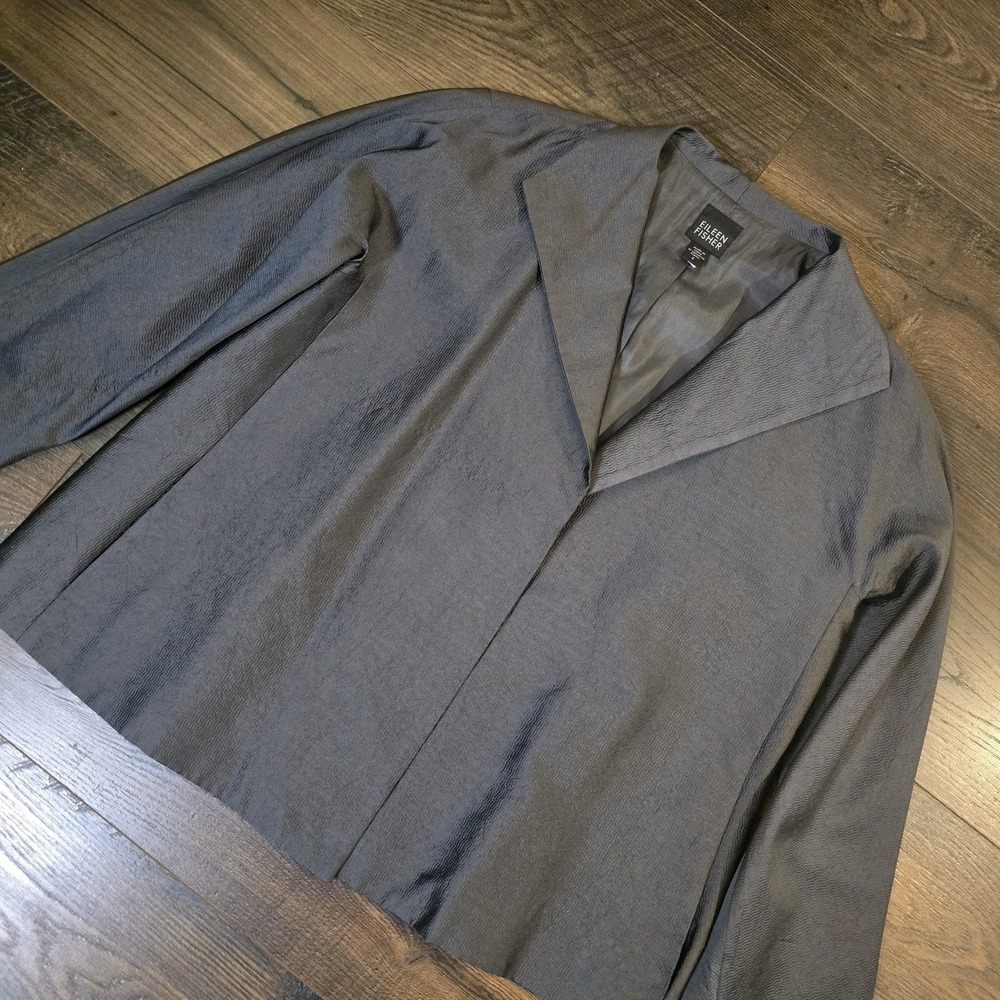 Eileen Fisher Silk Jacket Gray Open Frontβ Lined Textured Satin Small